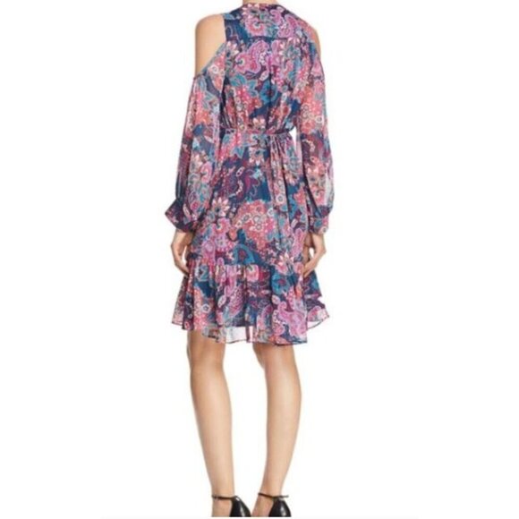 Aqua Women's Boho Dress Size M Floral Cold Shoulder Sheer Sleeves V-Neck Pockets - Picture 3 of 12